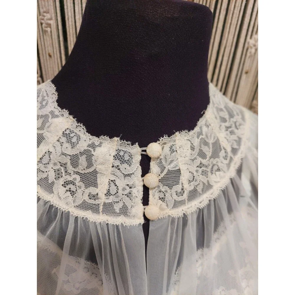 Vintage Vanity Fair Peignoir Lace Puff Embroidered Sleeve Sheer Tricot Robe Sz M